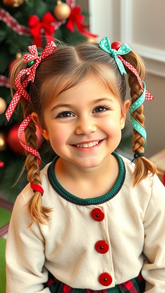 A young girl with twisted pigtails and festive ribbons, celebrating Christmas.